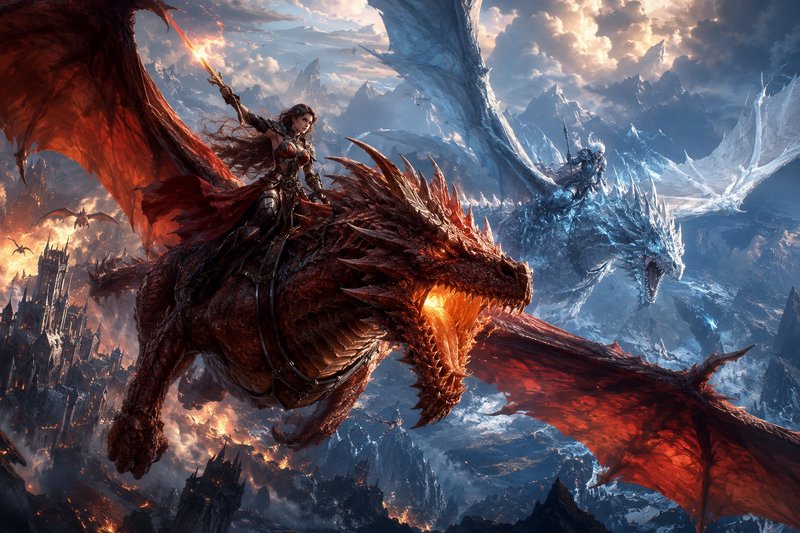 Armored riders ride colossal dragons—fiery red and icy blue—soaring over a jagged volcanic-frozen...