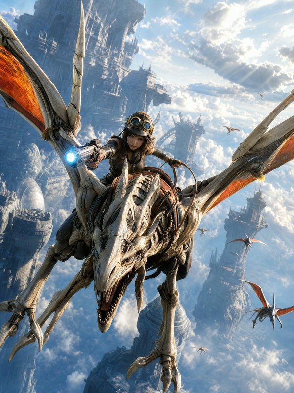Person riding a skeletal dragon with goggles, soaring above towering cliffs in a cloudy sky.