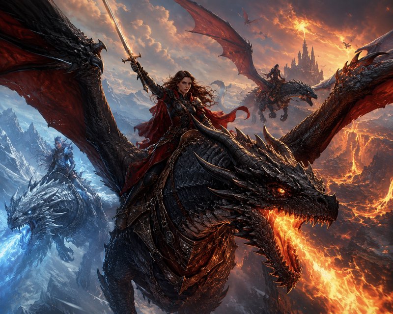 Female warrior riding a black dragon, wielding a sword amid lava-lit skies and a distant castle.