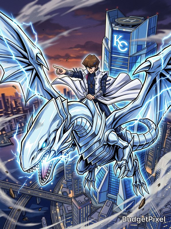 A young hero rides a silver, icy dragon above a futuristic city skyline at sunset.