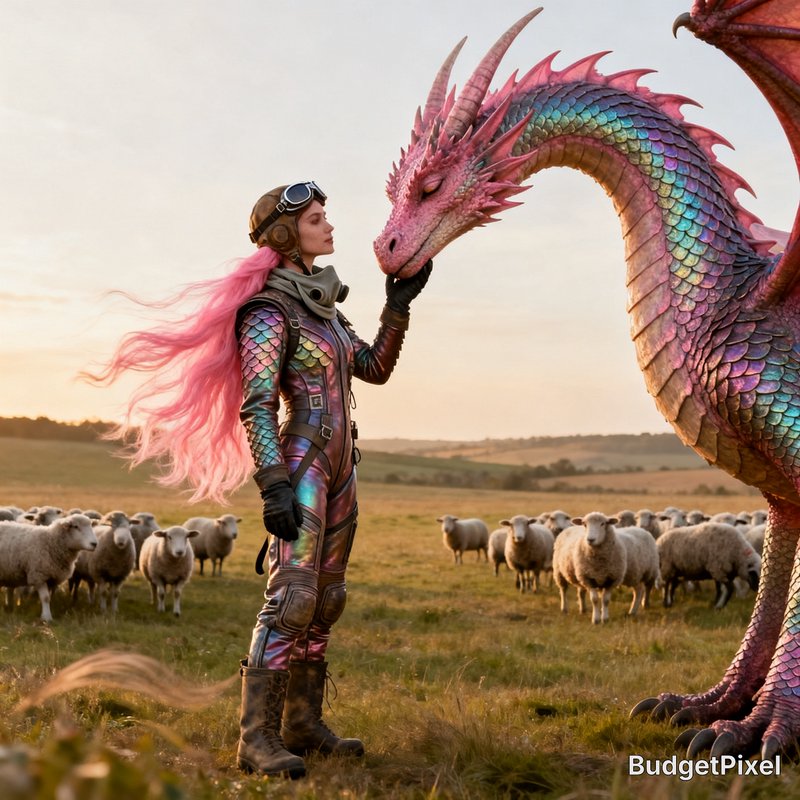 Cosmopolitan armored rider with pink hair caressing a colorful dragon in a grassy pasture at sunset.
