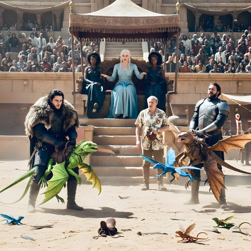 Fantasy arena scene with knights and dragons, a queen on a throne, and a cheering crowd in the st...