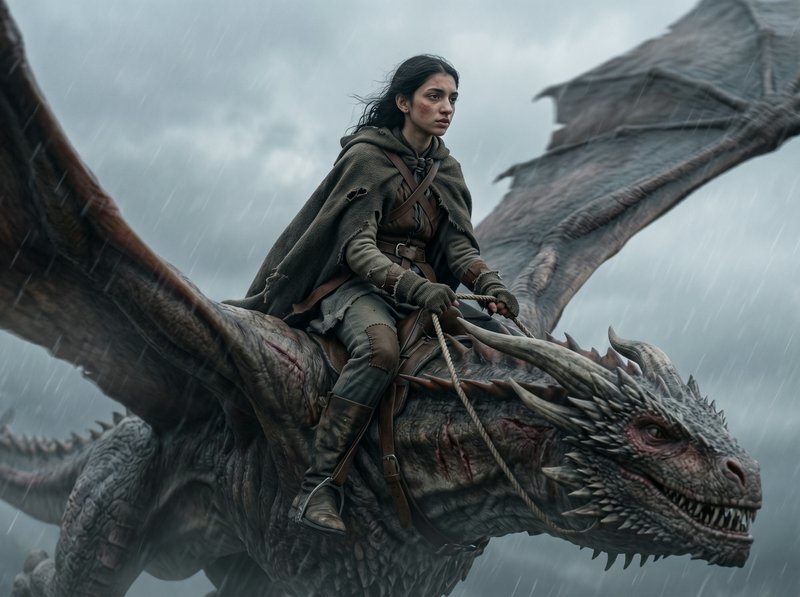 Woman in rugged cloak riding a dragon through a rainstorm.