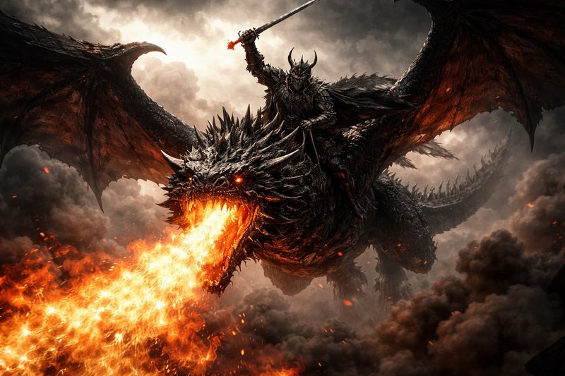 Dark armored dragon breathing fire with a rider wielding a sword above smoky battle skies