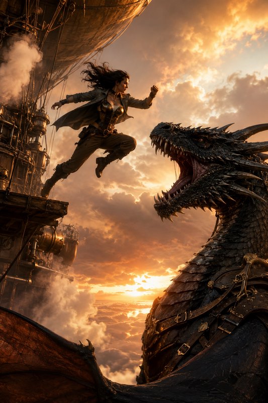 A female warrior leaps from a steampunk airship toward a colossal dragon at sunset.
