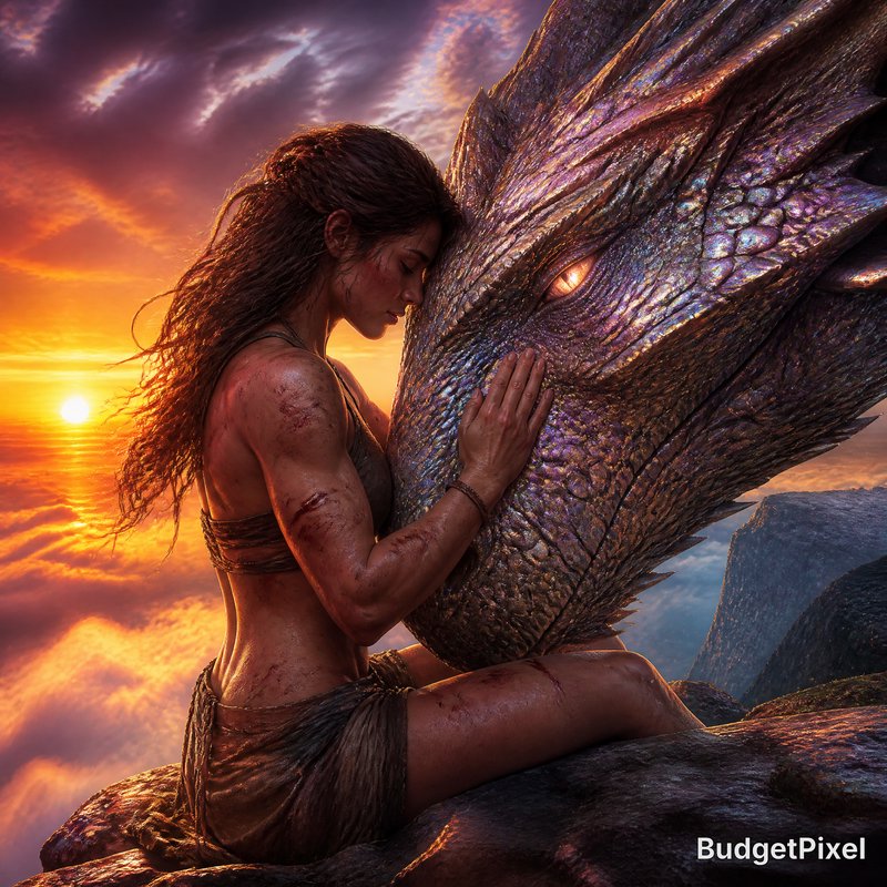 Woman in tribal attire hugs a dragon on a cliff at sunset.