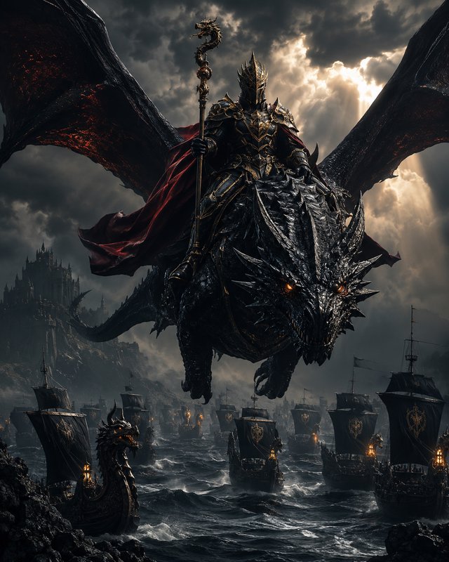 Dark armored dragon rider with glowing eyes atop a black dragon, looming over ships in a stormy sea.