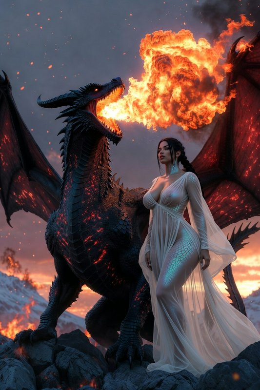Dark dragon breathing fire toward a woman in a flowing white gown on rocky volcanic terrain.