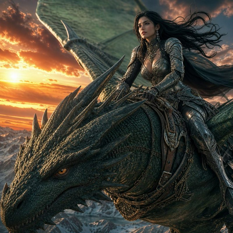 Armored warrior woman riding a dragon at sunset
