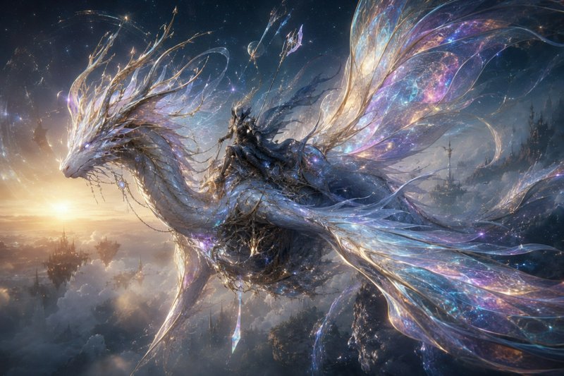 A luminous ethereal dragon with translucent, iridescent wings soaring above a misty sunset landsc...