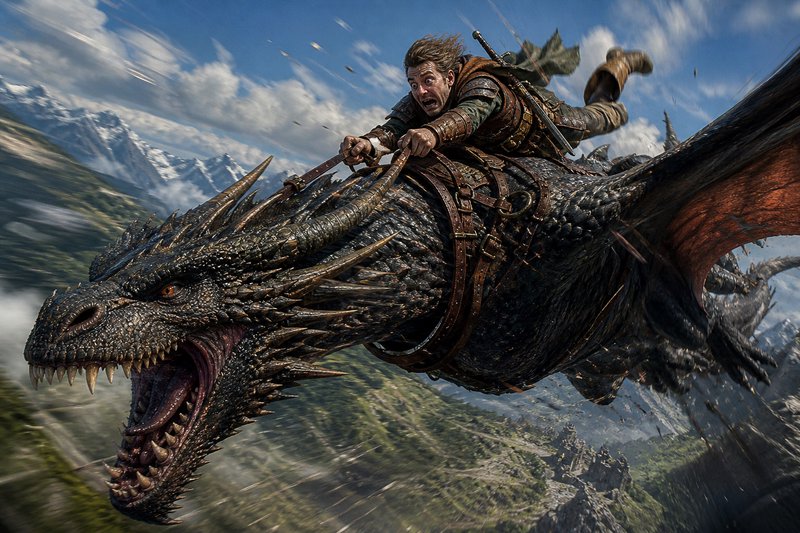 Man riding a fierce dragon in midair over rugged mountains.