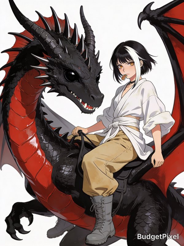 Anime-style girl riding a black-and-red dragon, white shirt, tan pants, smoking a cigarette.