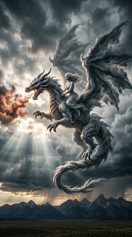 A majestic gray dragon with a rider soaring above rugged mountains beneath stormy skies.