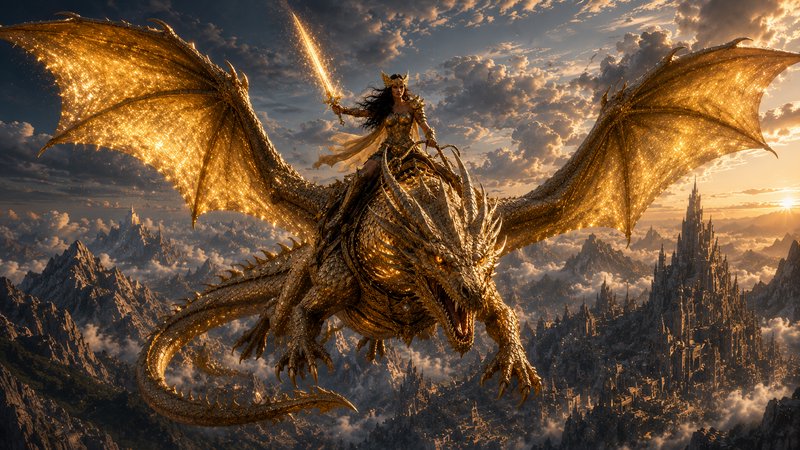 Armored warrior riding a golden dragon with glowing wings over a sunset-lit mountain fortress