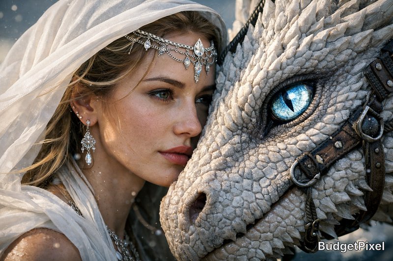 Bride in a sheer veil and jewels beside a dragon with a blue eye.