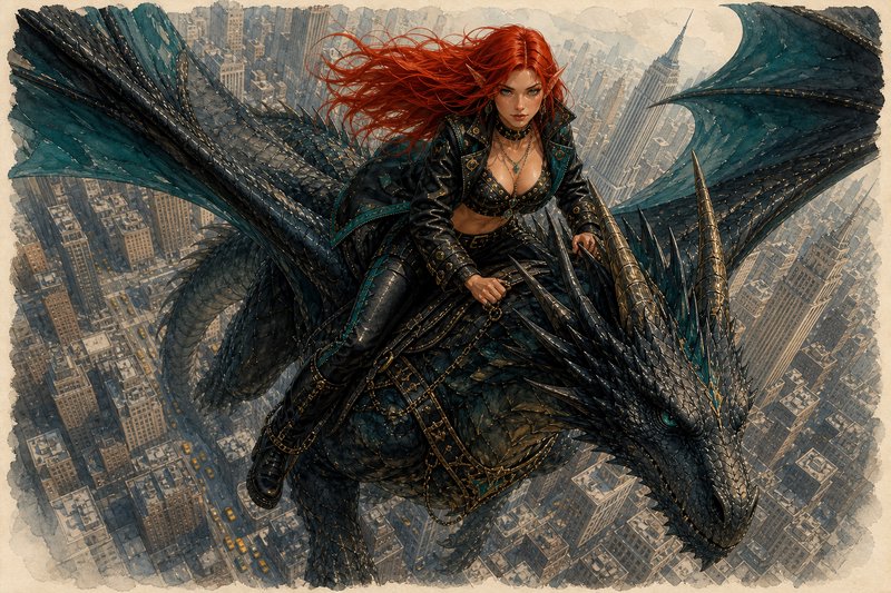Red-haired warrior riding a dark dragon above a sprawling city skyline in a dramatic fantasy scene.