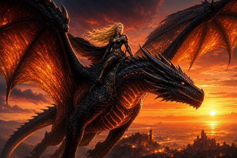 Woman in dark armor rides a roaring black dragon over a fiery sunset.