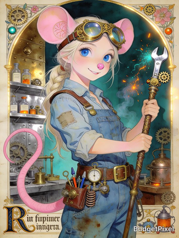 Cartoon rat girl mechanic in blue overalls with goggles, holding a steampunk wrench.
