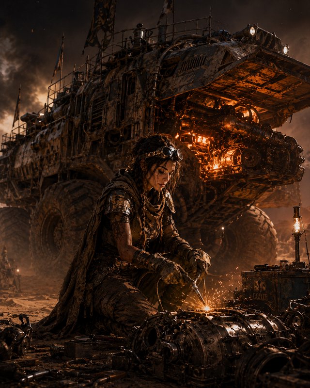 A weathered warrior woman welding a broken engine in a smoky post-apocalyptic desert with a massi...