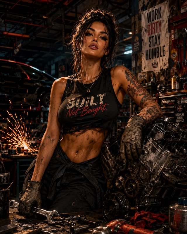 Tough female welder in a grime-smeared sleeveless crop top leaning on a motor in an industrial wo...