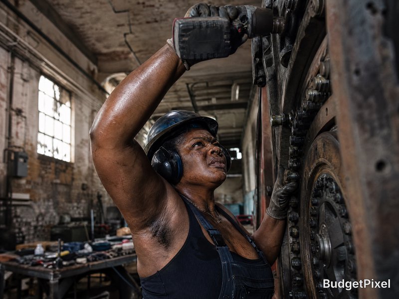 Female worker in a hard hat and ear protection tightening a large industrial machine in a gritty ...