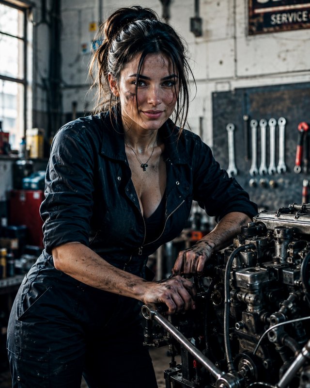 Female mechanic in a black jumpsuit working on a diesel engine in an industrial workshop.