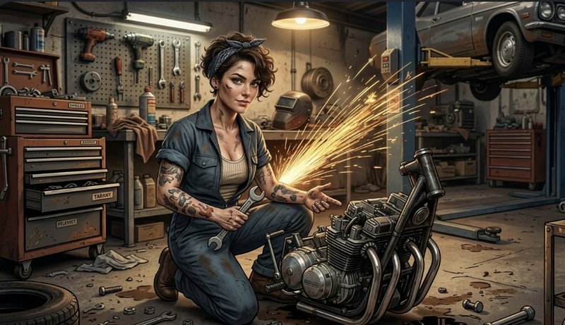Female mechanic kneels by a motorcycle engine as sparks fly in a cluttered auto shop.