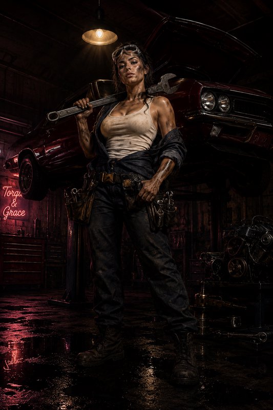 Female mechanic standing in a dim workshop under a car lift, holding a wrench