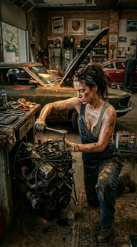 Female mechanic in overalls tinkering with a car engine in a vintage auto shop