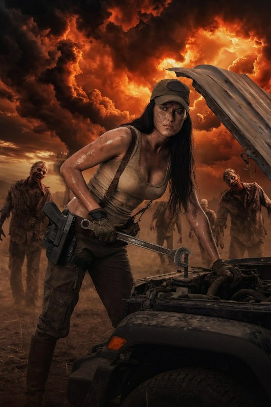 Female survivor mechanic with wrench by a damaged jeep amid zombies and a fiery, orange sky.