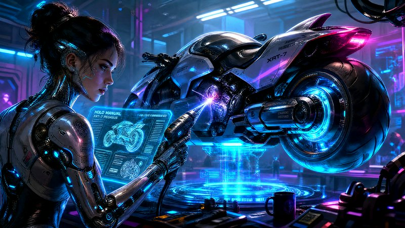 Female cyborg in a high-tech workshop inspecting a futuristic motorcycle with holographic schematics.