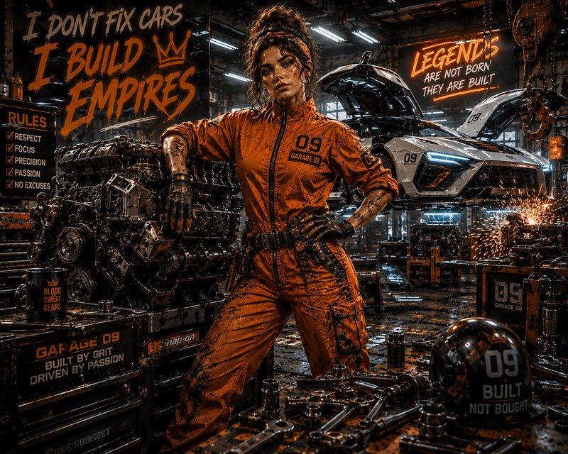 Female mechanic in an orange jumpsuit amid a gritty auto workshop with engines and a sports car.