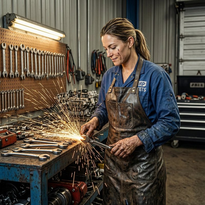 Female metalworker grinding metal on a bench with sparks flying in a workshop.