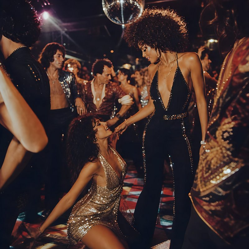 Two women dance on a glittering disco floor in sparkling outfits under a mirrored ball.