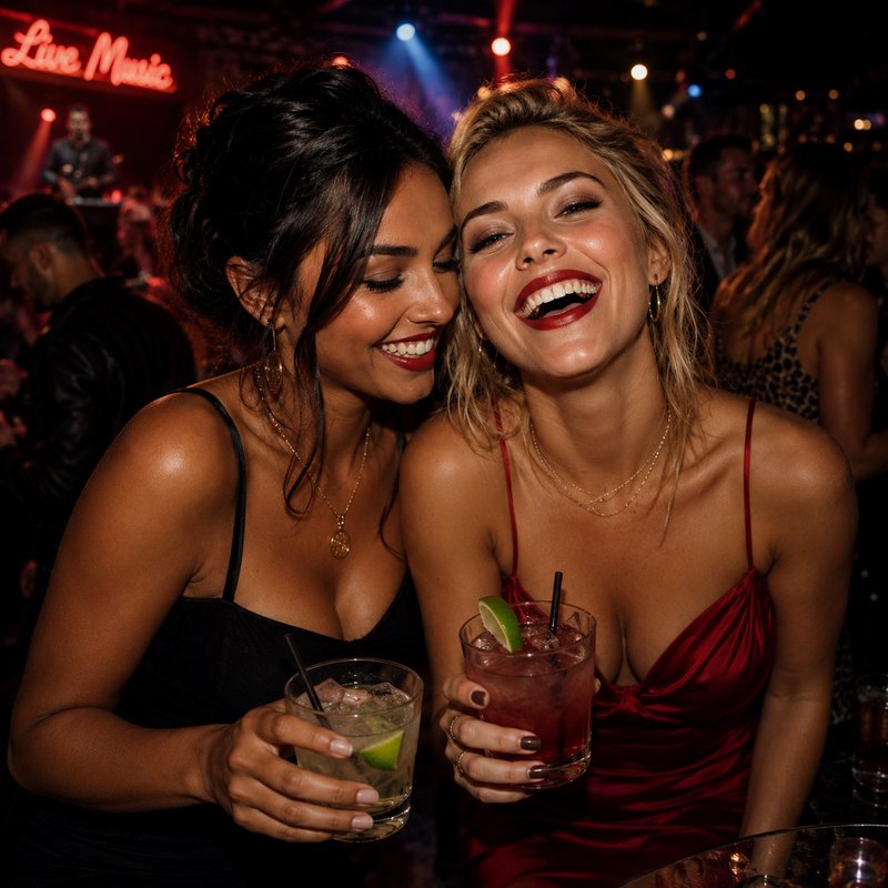 Two women at a nightclub smiling with cocktails in hand.