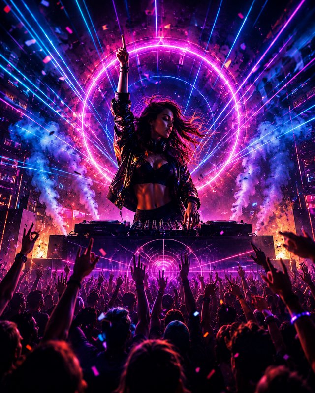 Female DJ performing on a neon-lit stage with pink rings and blue lasers amid a crowded club.
