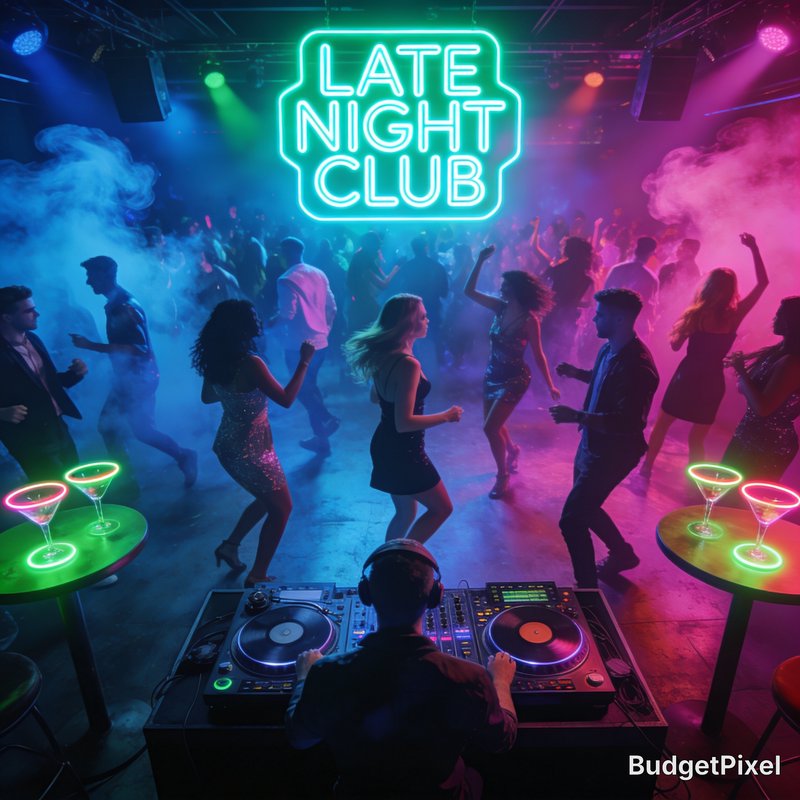 DJ at a neon-lit late-night club with a dancing crowd and colorful fog.