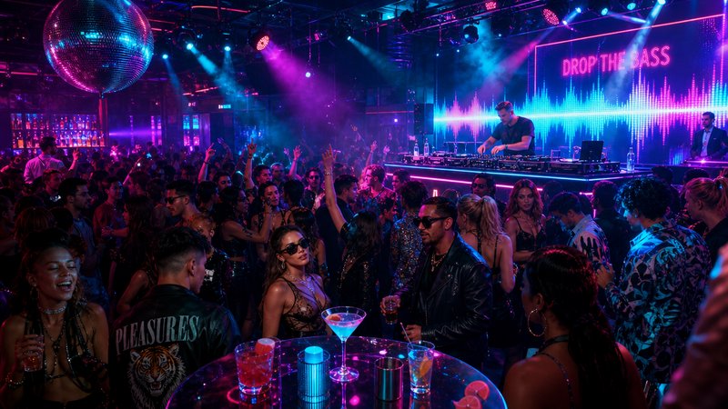 Nightclub scene with a DJ booth, neon lights, and a crowded dance floor under colorful purple-blue hues.
