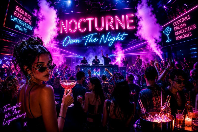 Stylish woman in sunglasses at a neon-lit nightclub with a crowded dance floor and DJ booth.