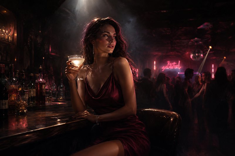 Woman in a burgundy velvet dress at a bar, holding a cocktail in a moody nightclub.