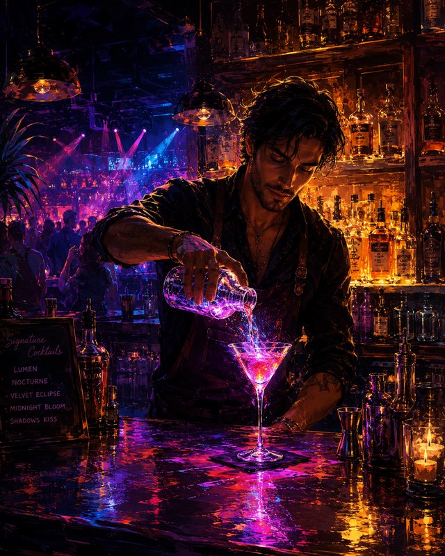 Bartender pouring a glowing pink-purple cocktail in a neon-lit bar.