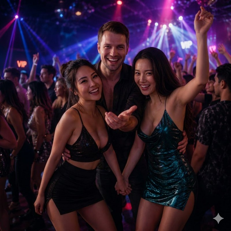 Three smiling friends posing and dancing at a nightclub with colorful stage lights.