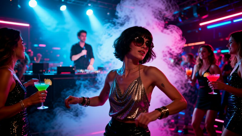 Stylish woman dancing in a smoky nightclub with neon lights