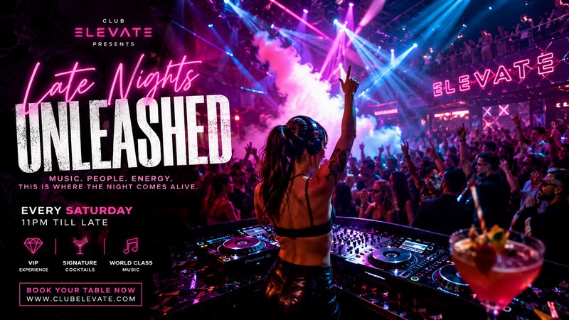 DJ at a neon-lit nightclub with a packed crowd and colorful lights, promoting Late Nights Unleashed.