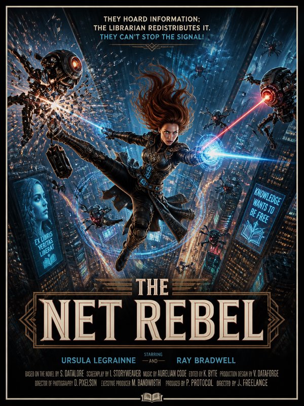 Dynamic sci-fi action poster featuring a fierce female rebel leaping through a neon city with glowing energy blades