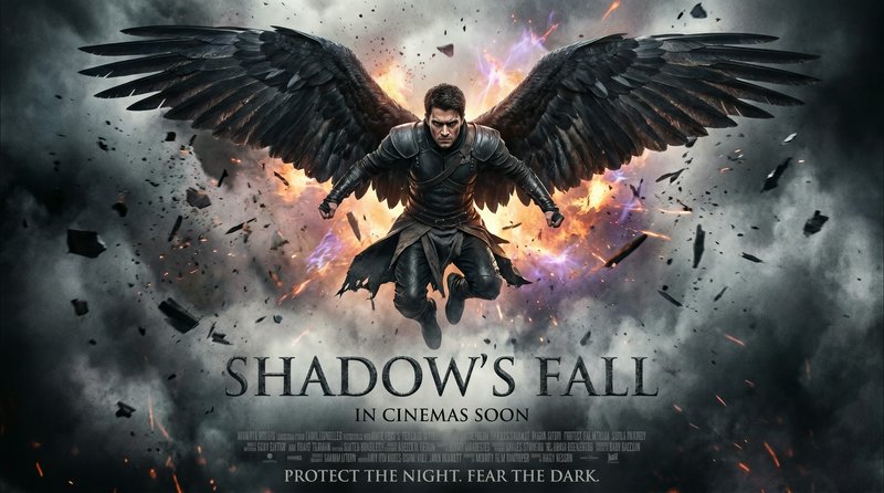 Armored man with large black wings soars amid explosions on the Shadow's Fall movie poster.