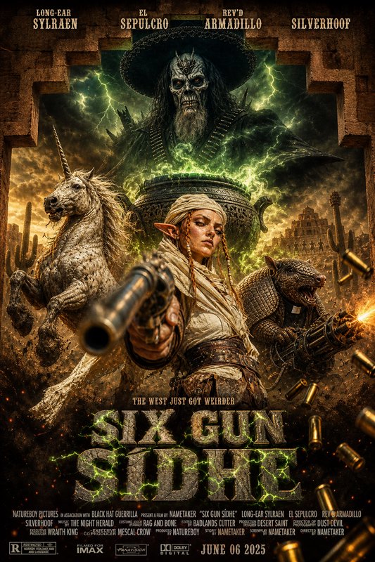 Dramatic western-fantasy poster with a gun-wielding woman, monstrous figure, horse and dragon-lik...
