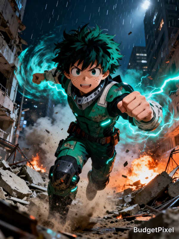 Heroic green-haired anime character (Deku) sprinting through rubble with teal energy aura.