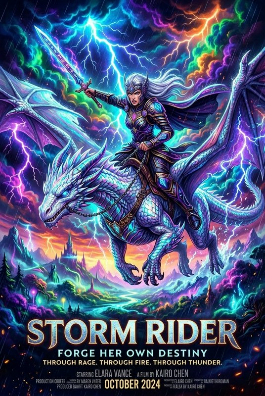 Fantasy poster of armored woman riding a blue dragon, sword raised amid electric lightning.
