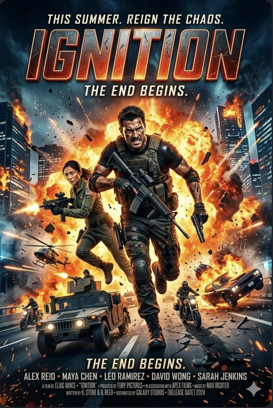 Action-packed poster for Ignition with soldiers sprinting amid explosions and flames.